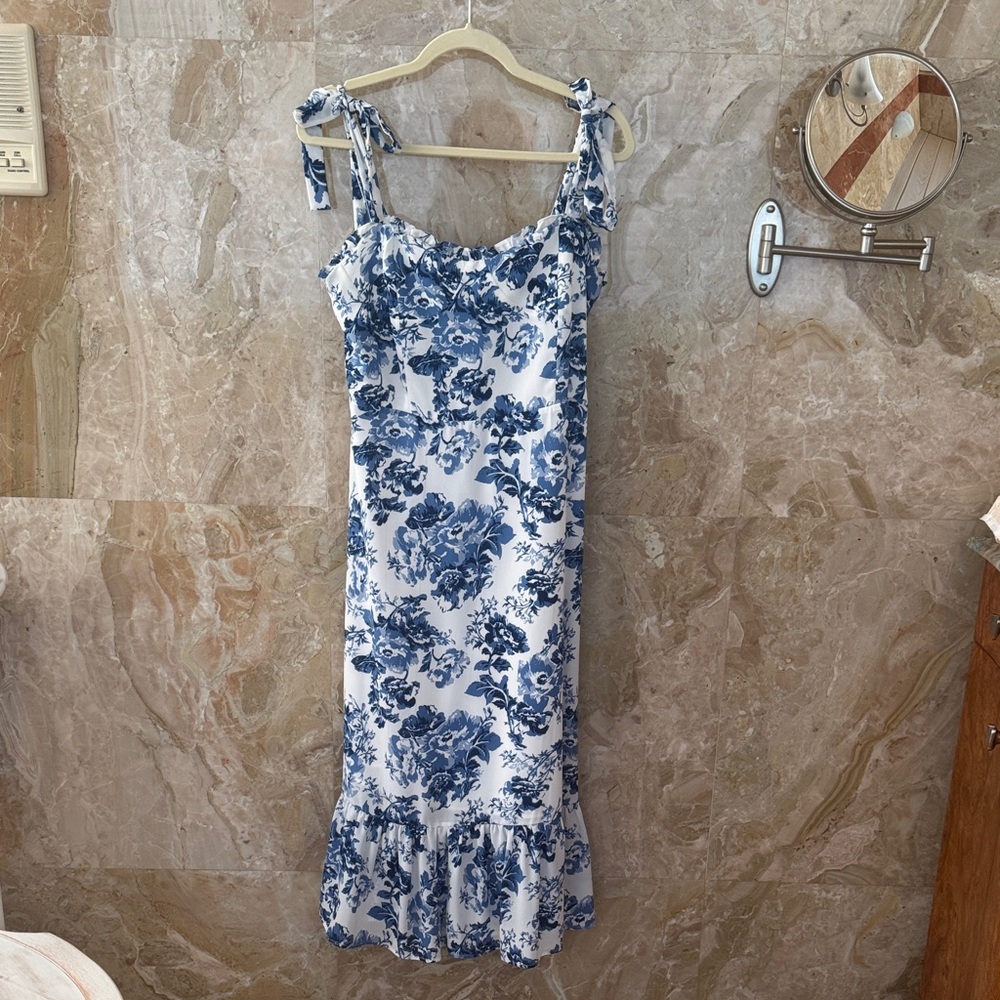 Aqua White and Blue Floral Midi Dress